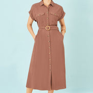 Yumi Brown Viscose Linen Look Midi Shirt Dress With Wooden Belt