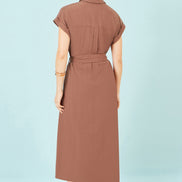 Yumi Brown Viscose Linen Look Midi Shirt Dress With Wooden Belt