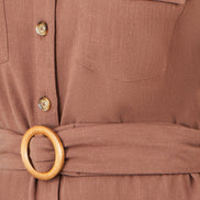 Yumi Brown Viscose Linen Look Midi Shirt Dress With Wooden Belt