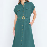 Yumi Green Viscose Linen Look Midi Shirt Dress With Wooden Belt