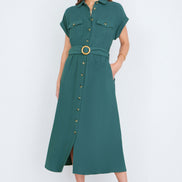 Yumi Green Viscose Linen Look Midi Shirt Dress With Wooden Belt