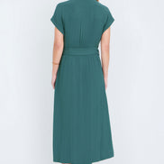 Yumi Green Viscose Linen Look Midi Shirt Dress With Wooden Belt