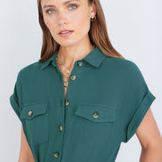 Yumi Green Viscose Linen Look Midi Shirt Dress With Wooden Belt