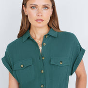 Yumi Green Viscose Linen Look Midi Shirt Dress With Wooden Belt
