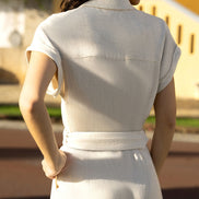 Yumi Stone Viscose Linen Look Midi Shirt Dress with Wooden Belt