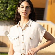 Yumi Stone Viscose Linen Look Midi Shirt Dress with Wooden Belt