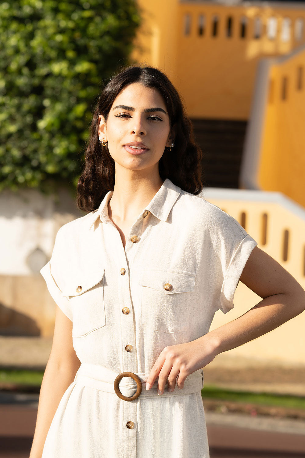 Yumi Stone Viscose Linen Look Midi Shirt Dress with Wooden Belt