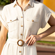 Yumi Stone Viscose Linen Look Midi Shirt Dress with Wooden Belt