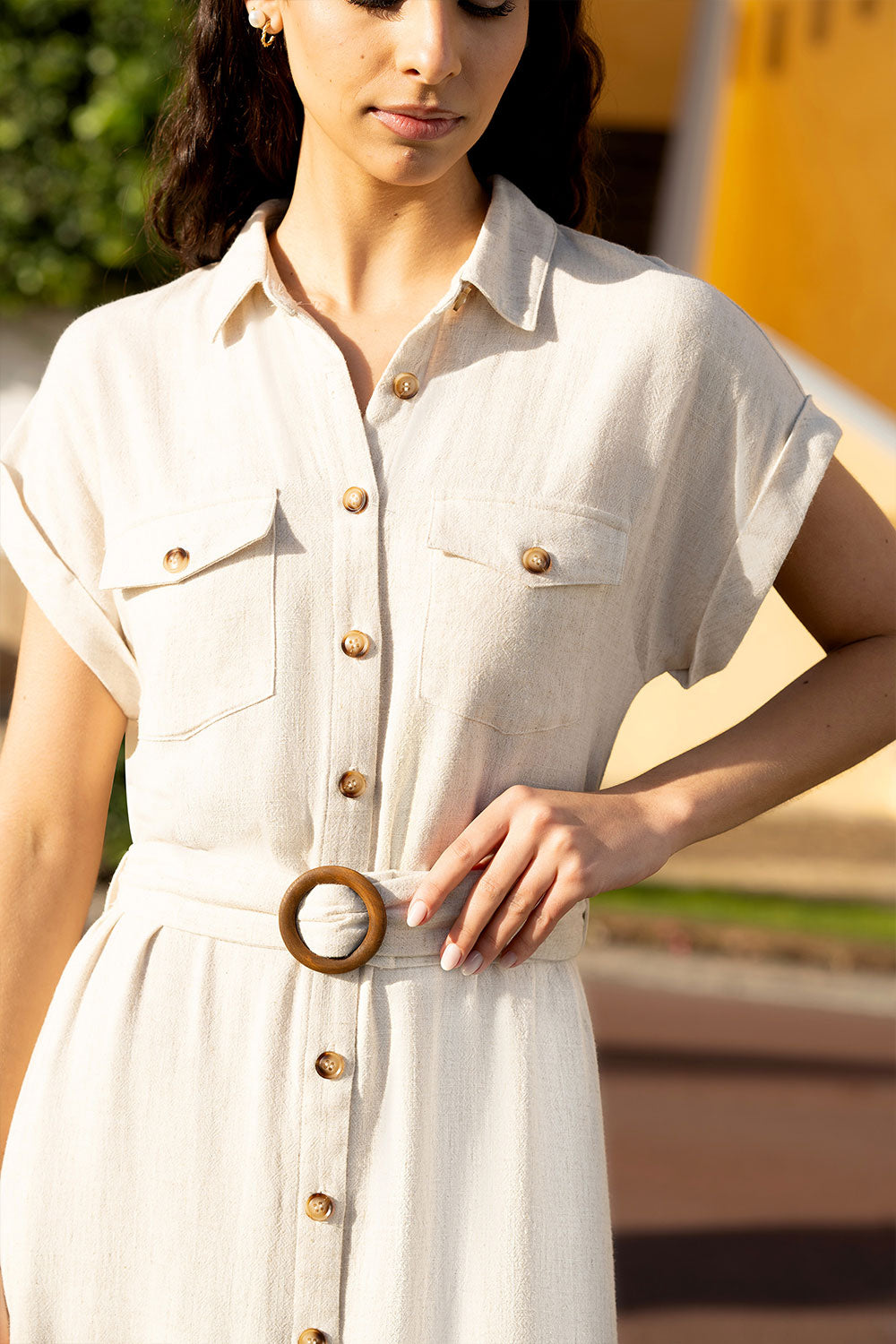 Yumi Stone Viscose Linen Look Midi Shirt Dress with Wooden Belt