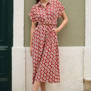 Yumi Red Viscose Midi Shirt Dress with Matching Belt