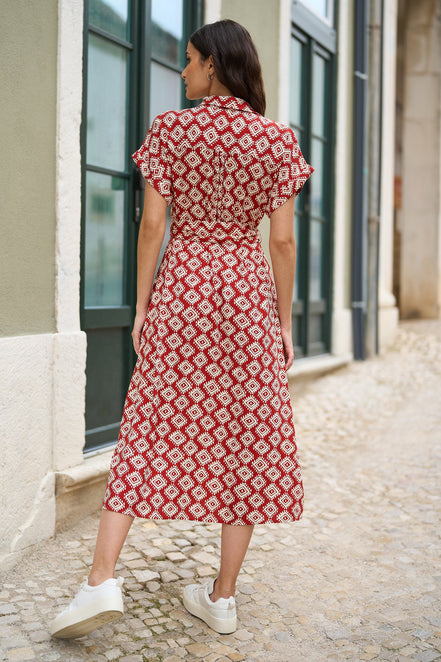 Yumi Red Viscose Midi Shirt Dress with Matching Belt
