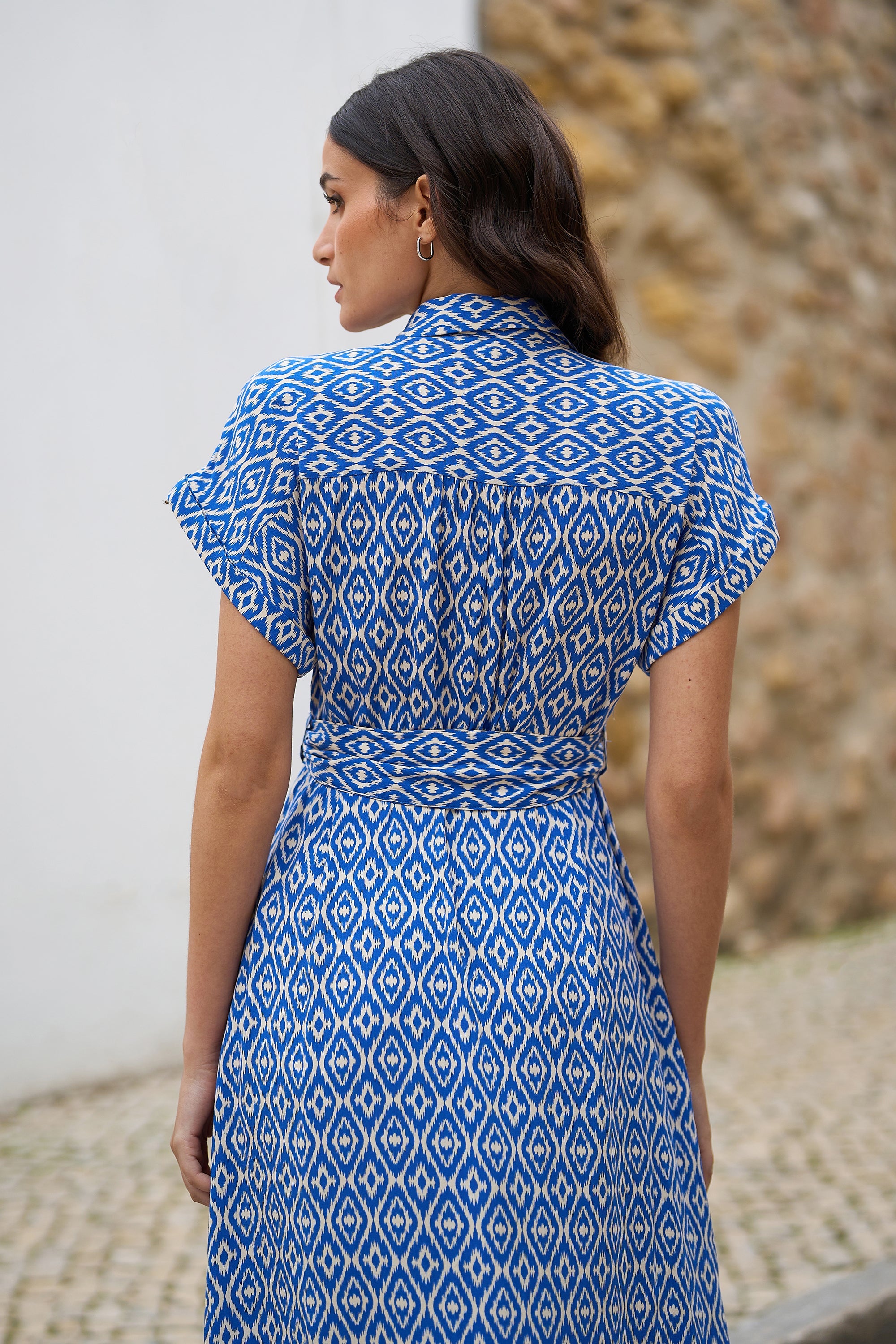Yumi Blue Viscose Midi Shirt Dress with Matching Belt