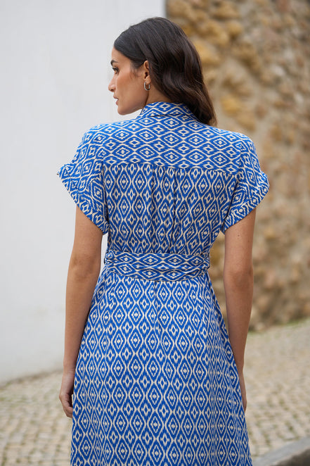 Yumi Blue Viscose Midi Shirt Dress with Matching Belt