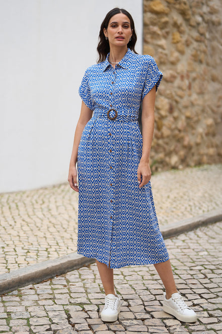 Yumi Blue Viscose Midi Shirt Dress with Matching Belt