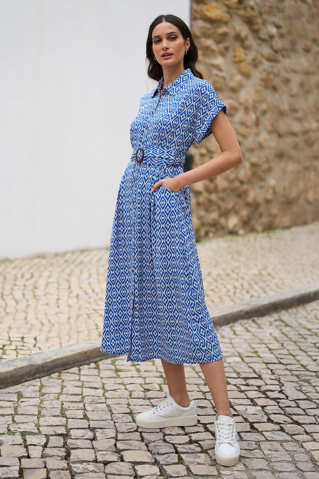 Yumi Blue Viscose Midi Shirt Dress with Matching Belt