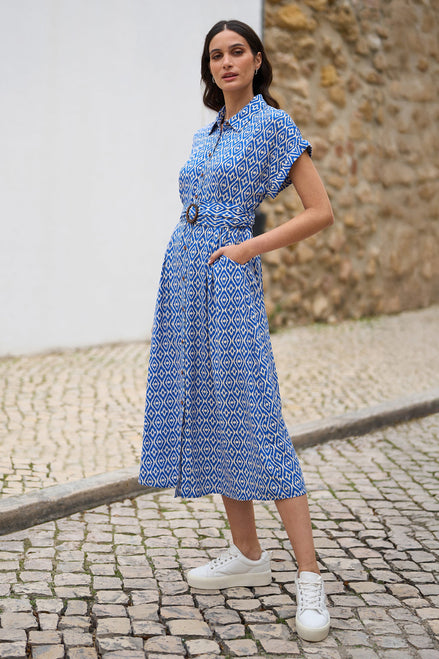 Yumi Blue Viscose Midi Shirt Dress with Matching Belt