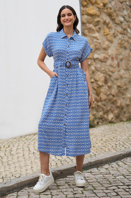 Yumi Blue Viscose Midi Shirt Dress with Matching Belt