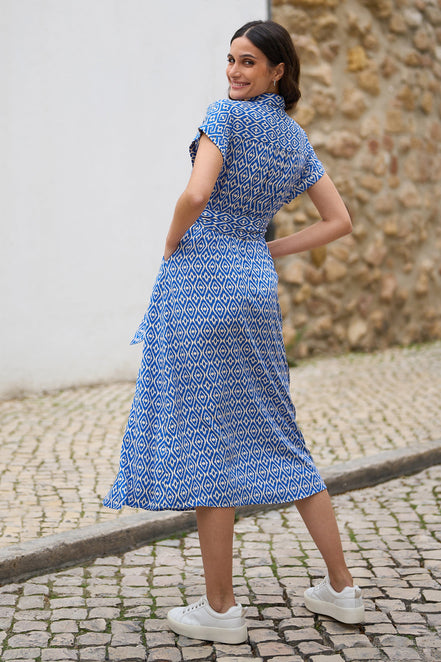 Yumi Blue Viscose Midi Shirt Dress with Matching Belt