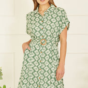 Yumi Green Viscose Midi Shirt Dress with Matching Belt