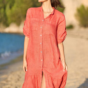 Yumi Coral Italian Linen Shirt Dress With Frill Hem