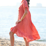 Yumi Coral Italian Linen Shirt Dress With Frill Hem