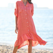 Yumi Coral Italian Linen Shirt Dress With Frill Hem
