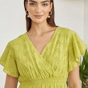 Yumi Lime Cotton Broderie Anglaise Wrap Midi Dress