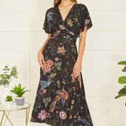 Yumi Black Viscose Bird and Floral Print Kimono Midi Dress