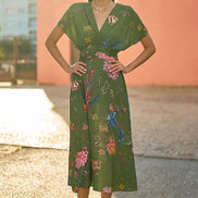 Yumi Green Bird and Floral Print Ruched Waist Kimono Midi Dress