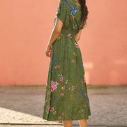 Yumi Green Bird and Floral Print Ruched Waist Kimono Midi Dress