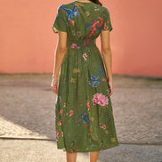 Yumi Green Bird and Floral Print Ruched Waist Kimono Midi Dress
