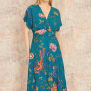 Yumi Teal Bird and Floral Print Ruched Waist Kimono Midi Dress