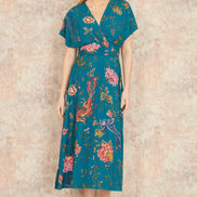 Yumi Teal Bird and Floral Print Ruched Waist Kimono Midi Dress