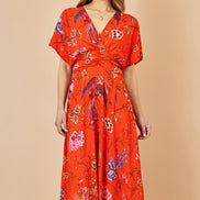 Yumi Orange Viscose Bird and Floral Print Kimono Midi Dress