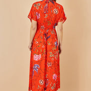 Yumi Orange Viscose Bird and Floral Print Kimono Midi Dress