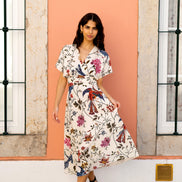 Yumi Ivory Bird and Floral Print Ruched Waist Kimono Midi Dress