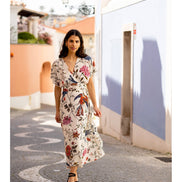 Yumi Ivory Bird and Floral Print Ruched Waist Kimono Midi Dress