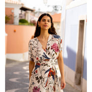 Yumi Ivory Bird and Floral Print Ruched Waist Kimono Midi Dress