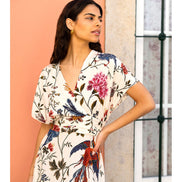 Yumi Ivory Bird and Floral Print Ruched Waist Kimono Midi Dress