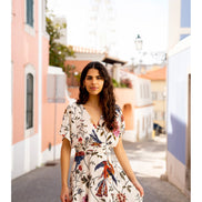 Yumi Ivory Bird and Floral Print Ruched Waist Kimono Midi Dress
