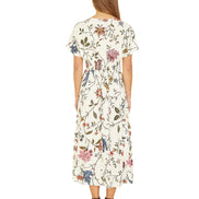 Yumi Ivory Bird and Floral Print Ruched Waist Kimono Midi Dress