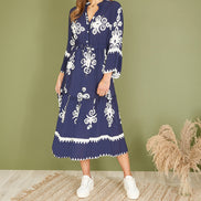 Yumi Navy Viscose Midi Dress with Long Sleeves