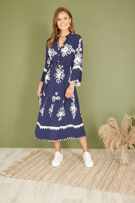 Yumi Navy Viscose Midi Dress with Long Sleeves