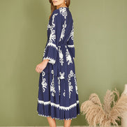 Yumi Navy Viscose Midi Dress with Long Sleeves