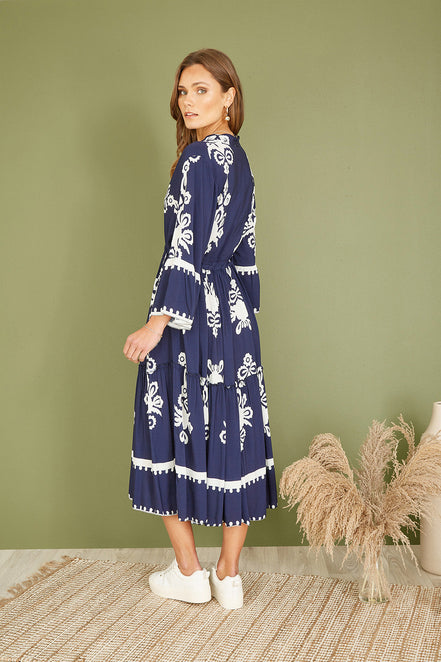 Yumi Navy Viscose Midi Dress with Long Sleeves