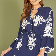 Yumi Navy Viscose Midi Dress with Long Sleeves