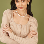 Yumi Oatmeal Fitted Rib Button Up Cardigan