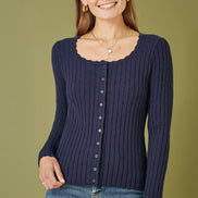 Yumi Navy Fitted Rib Button Up Cardigan