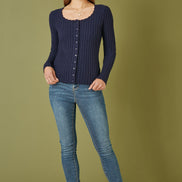 Yumi Navy Fitted Rib Button Up Cardigan
