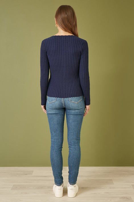 Yumi Navy Fitted Rib Button Up Cardigan